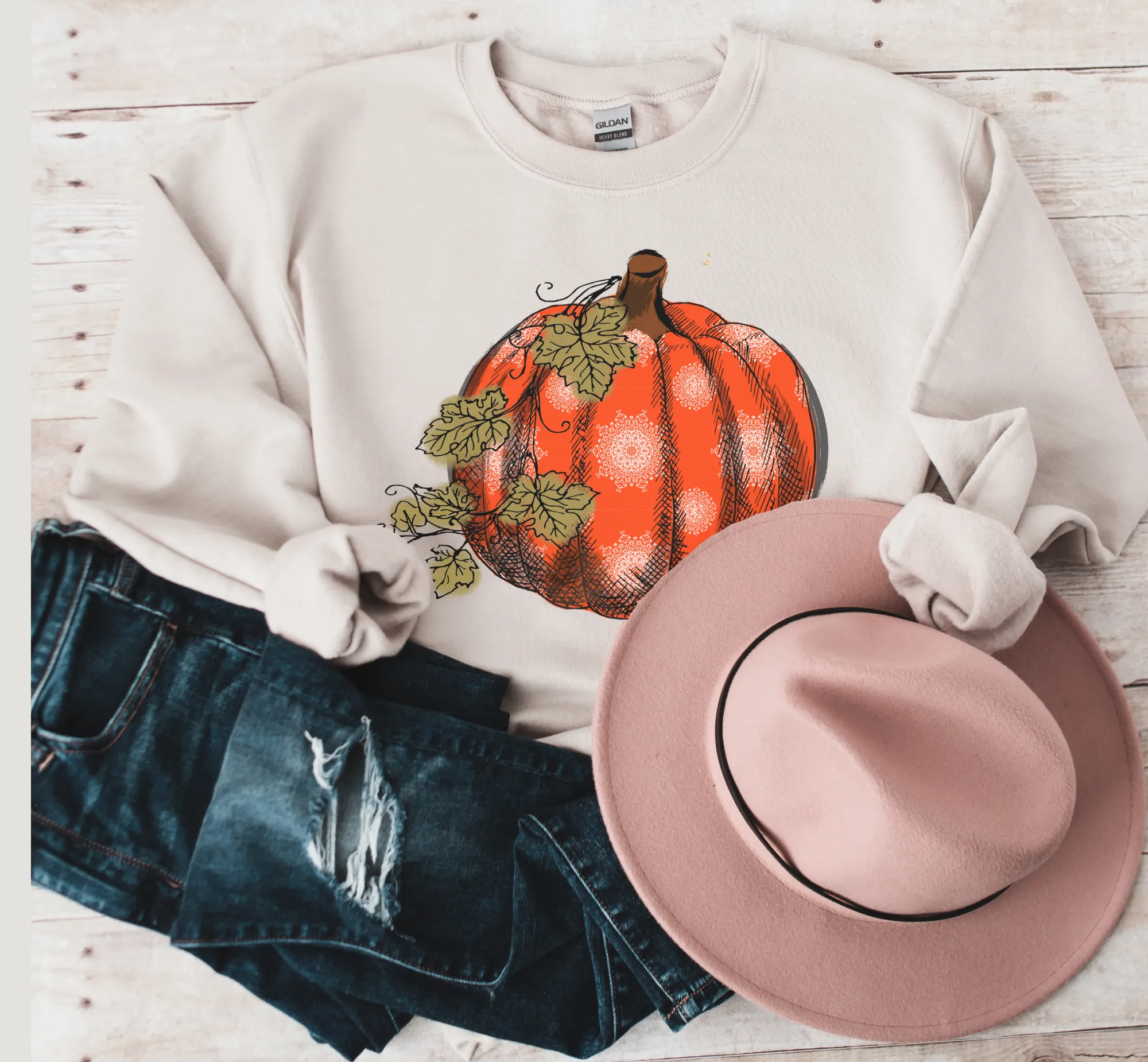 Women's Fall Hand Drawn Pumpkin Design Pullover Sweatshirt