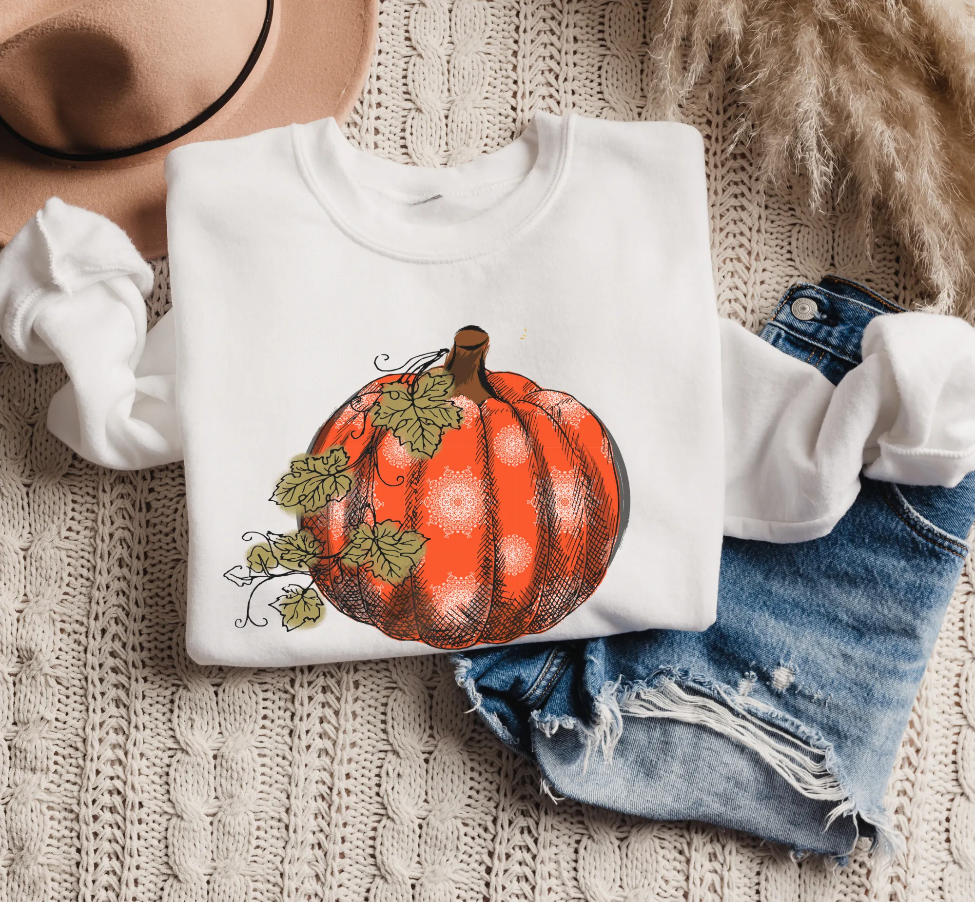 Women's Fall Hand Drawn Pumpkin Design Pullover Sweatshirt