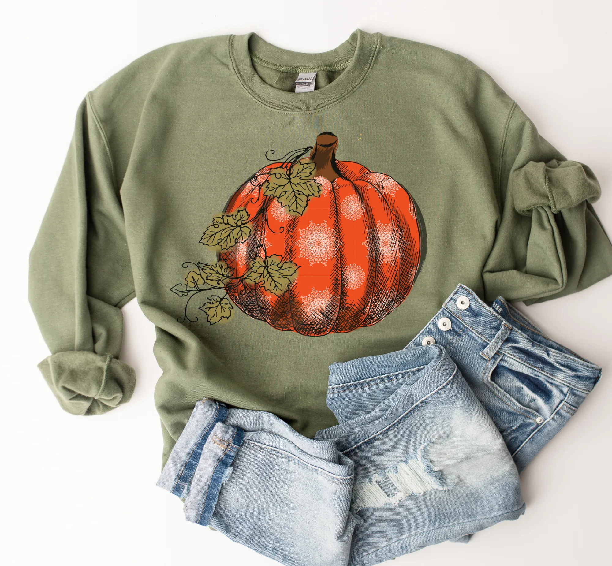 Women's Fall Hand Drawn Pumpkin Design Pullover Sweatshirt