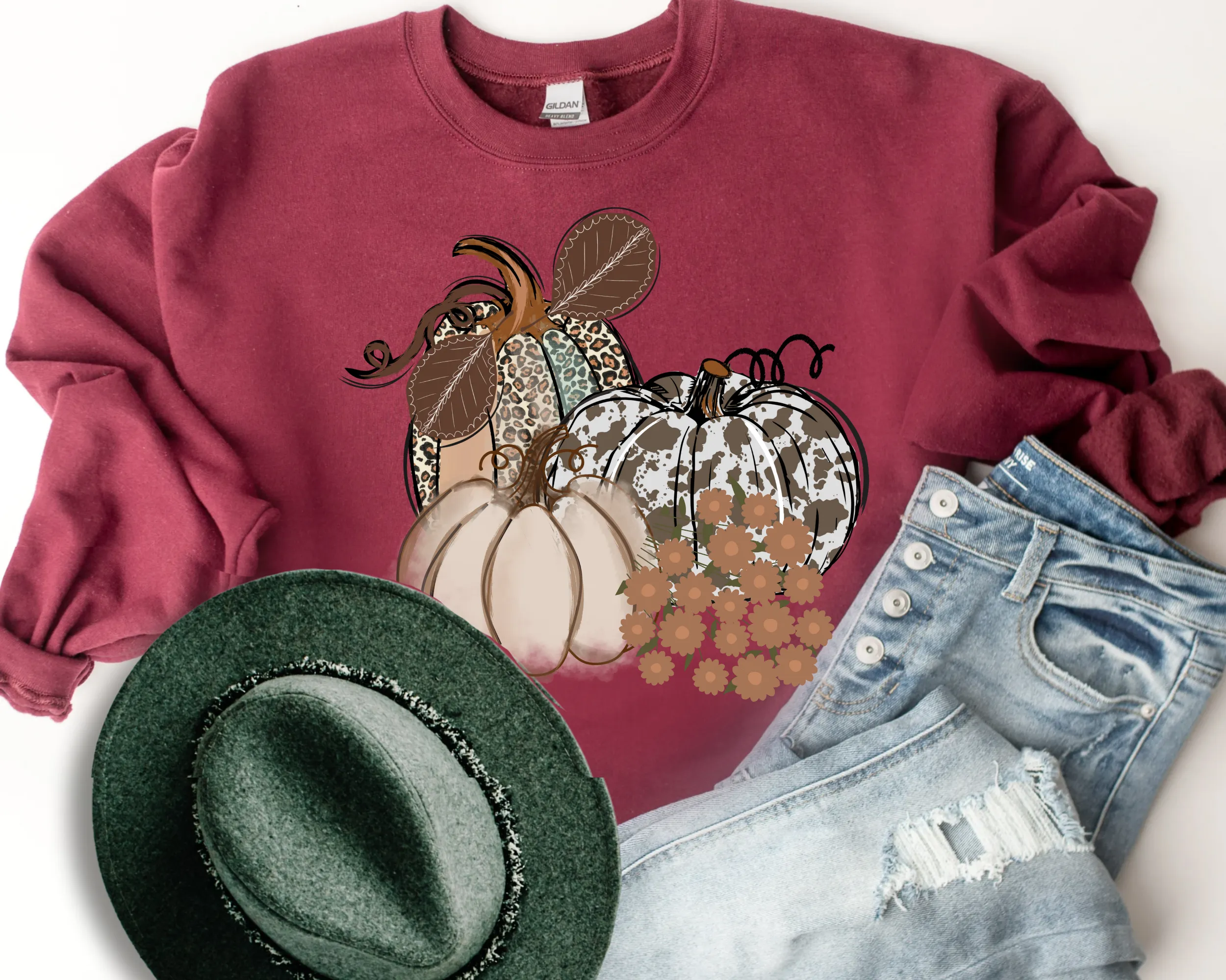 Women's Fall Hand Drawn Pumpkins Design Pretty Watercolor Pumpkins Design Sweatshirt