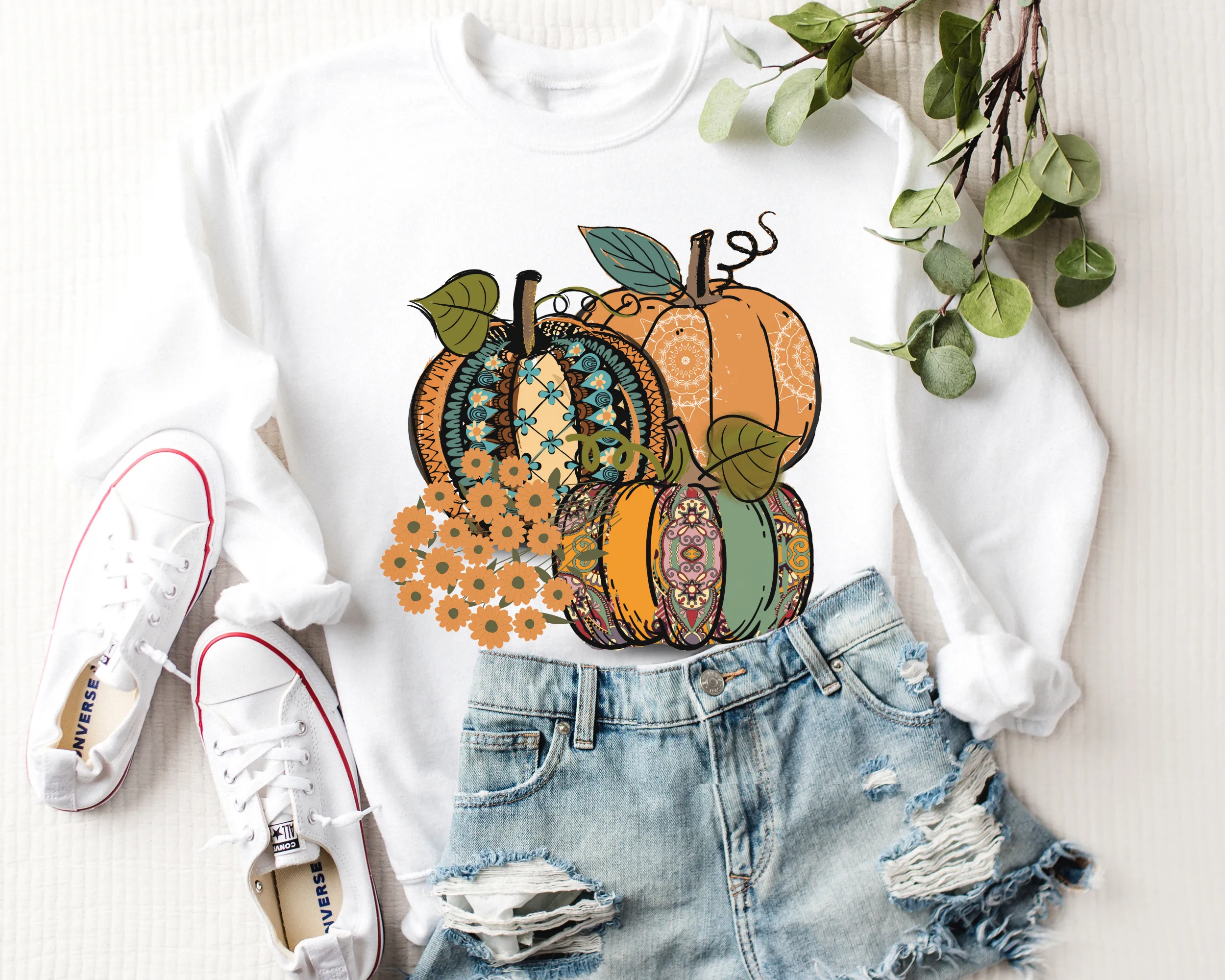 Women's Fall Hand Drawn Pumpkins Design Pretty Watercolors Pumpkins Sweatshirt