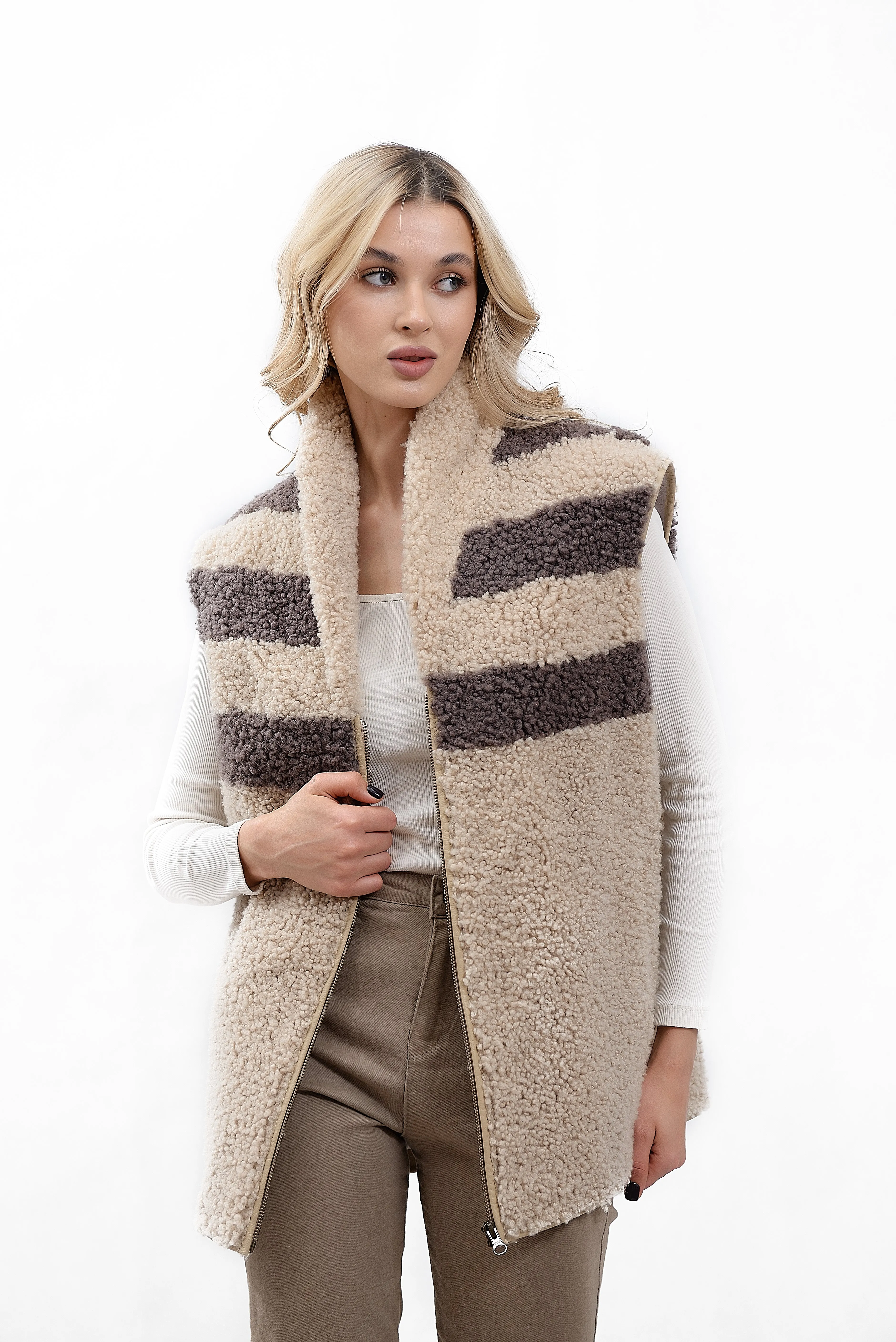 Womens Long Shearling Teddy Sheepskin Vest with Shawl Collar and Abstract Pattern