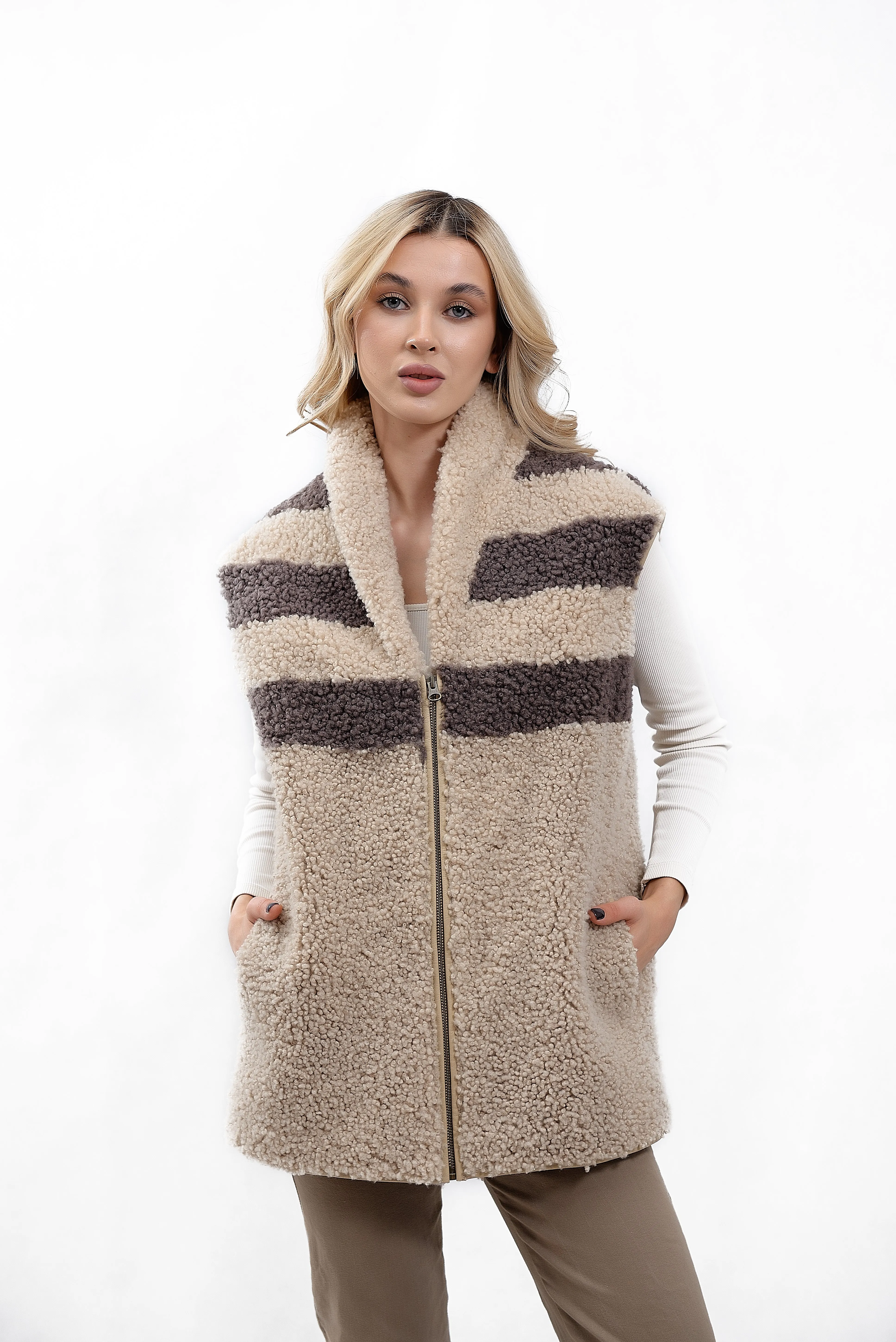 Womens Long Shearling Teddy Sheepskin Vest with Shawl Collar and Abstract Pattern