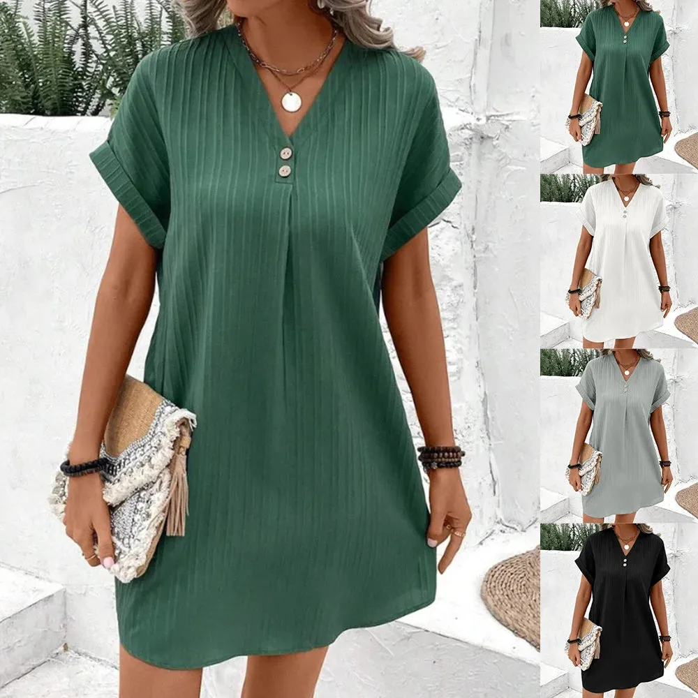 Women's Loose T-Shirt Dress Ladies V Neck Short Sleeve Beach Baggy Solid Sundress Plus Size Clothing 2024