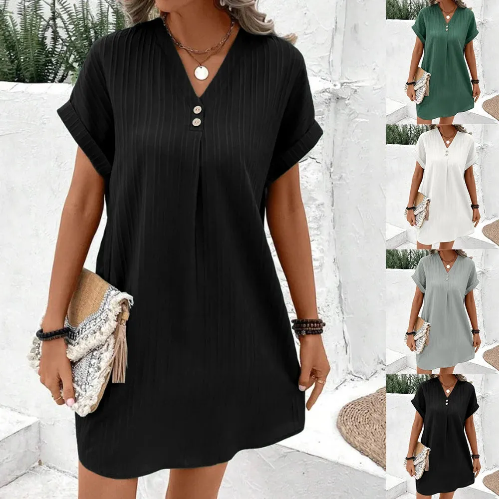 Women's Loose T-Shirt Dress Ladies V Neck Short Sleeve Beach Baggy Solid Sundress Plus Size Clothing 2024