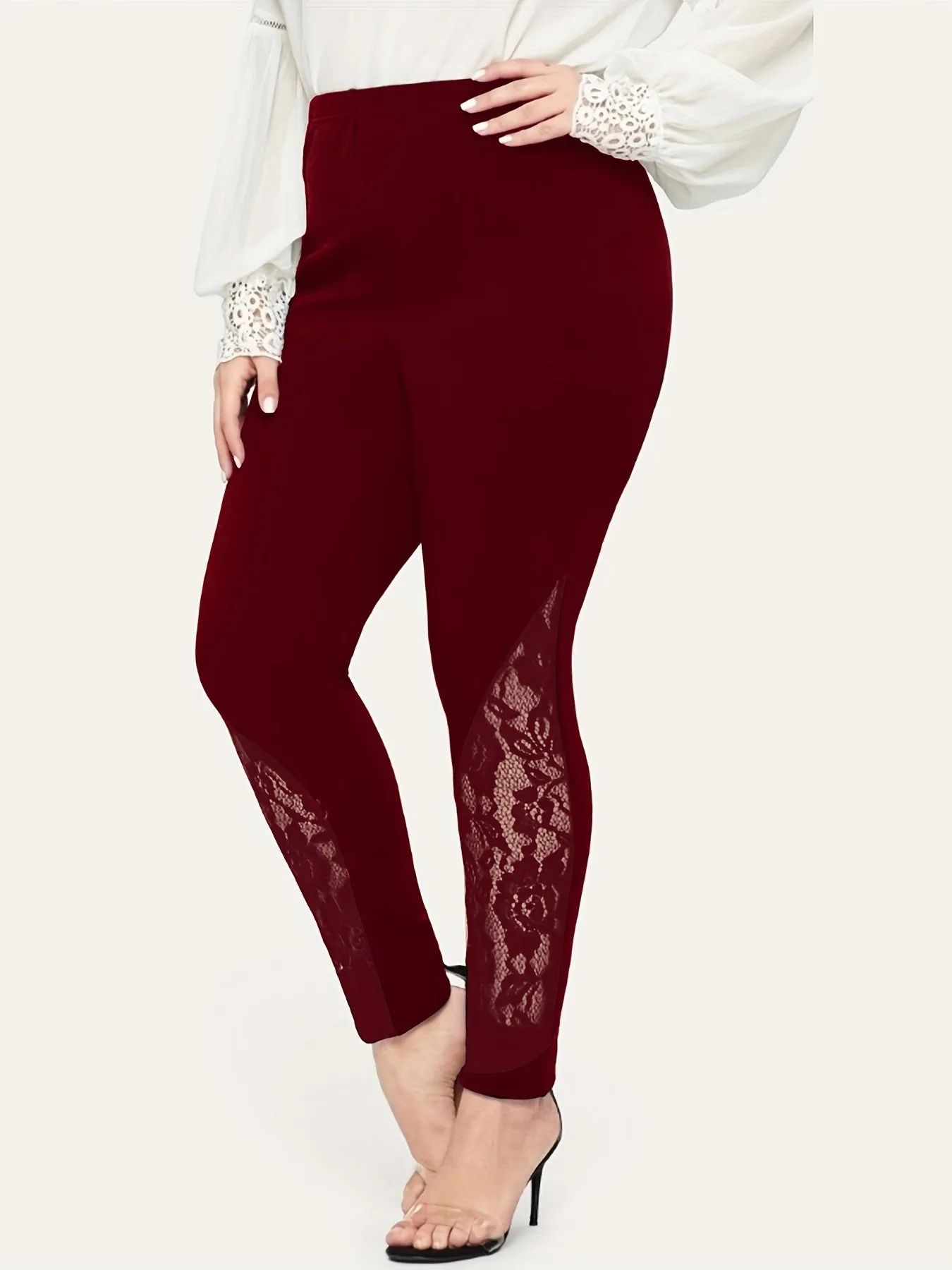 Women's Plus Floral Jacquard Contrast Lace High Rise Skinny Pants - Effortlessly Stylish with Slight Stretch"