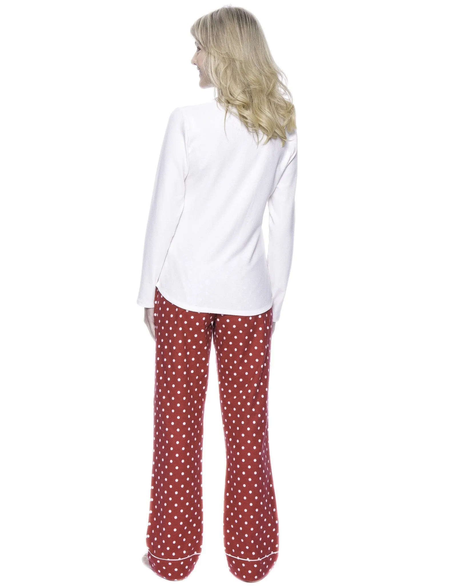 Womens Premium 100% Cotton Flannel Loungewear Set - Dots Diva Red