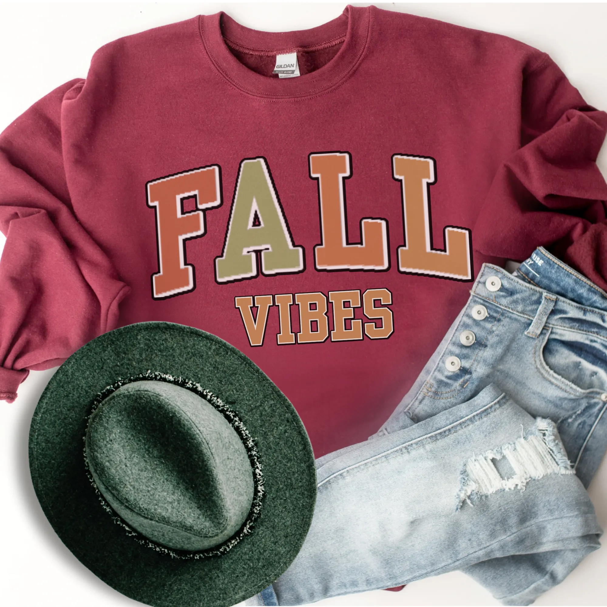 Women's Vintage Fall Vibes Sweatshirt Varsity Letters Design Gildan Pullover