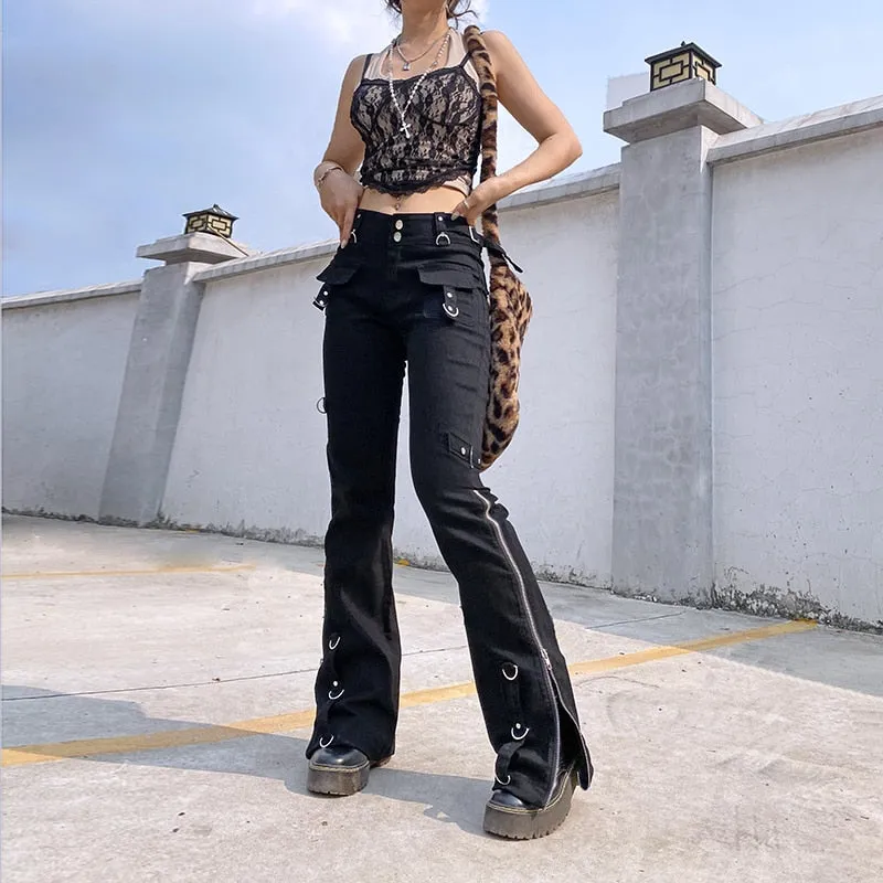 Women's Y2K Black Rivet Low Waist Denim Pants