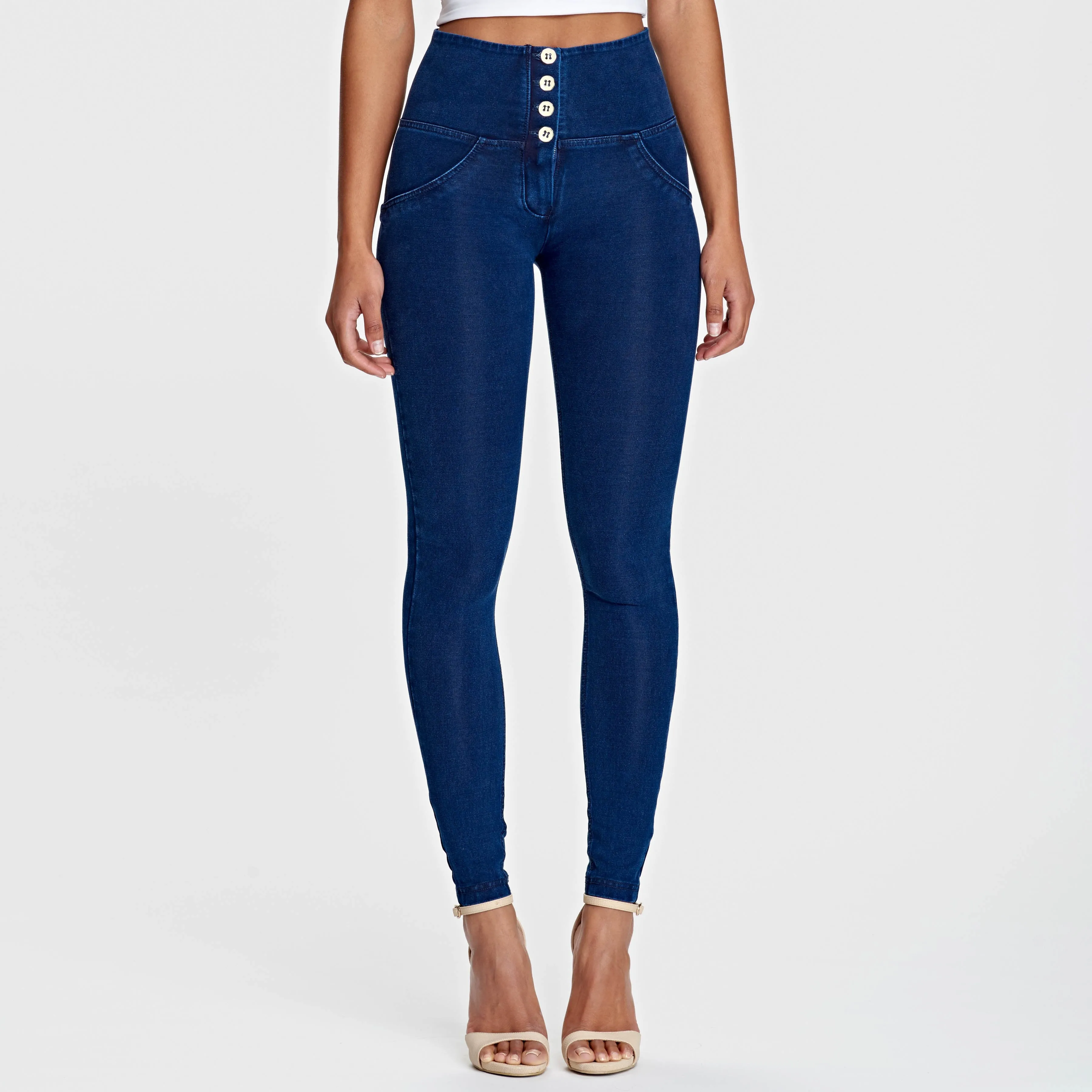 WR.UP® Denim - 4 Button High Waist - Full Length  - Dark Blue   Blue Stitching