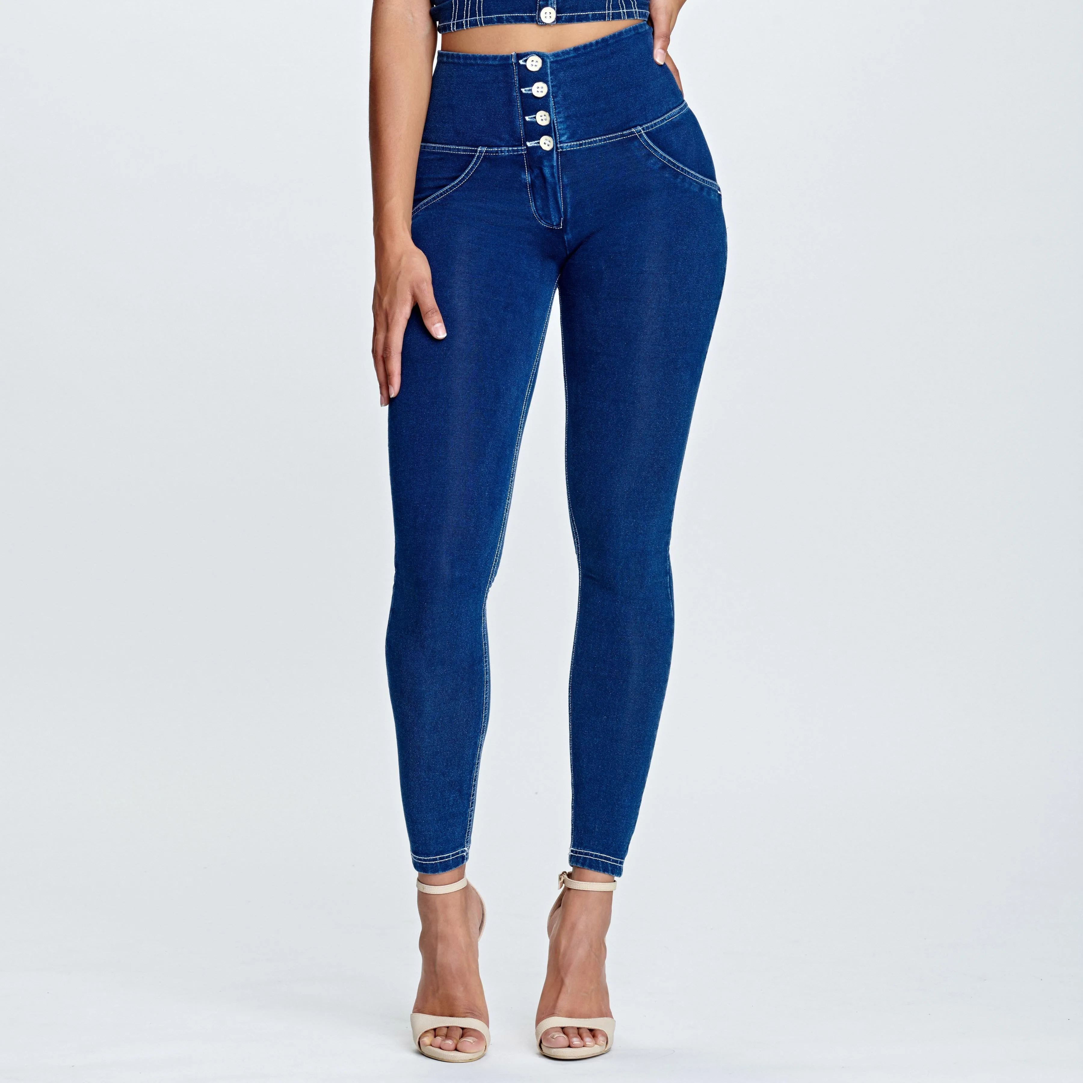 WR.UP® Denim - 4 Button High Waist - Full Length  - Dark Blue   White Stitching