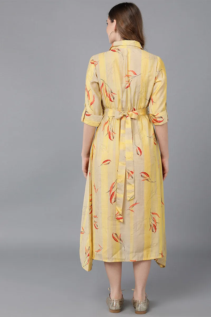 Yellow Crepe Floral Print Midi Dress