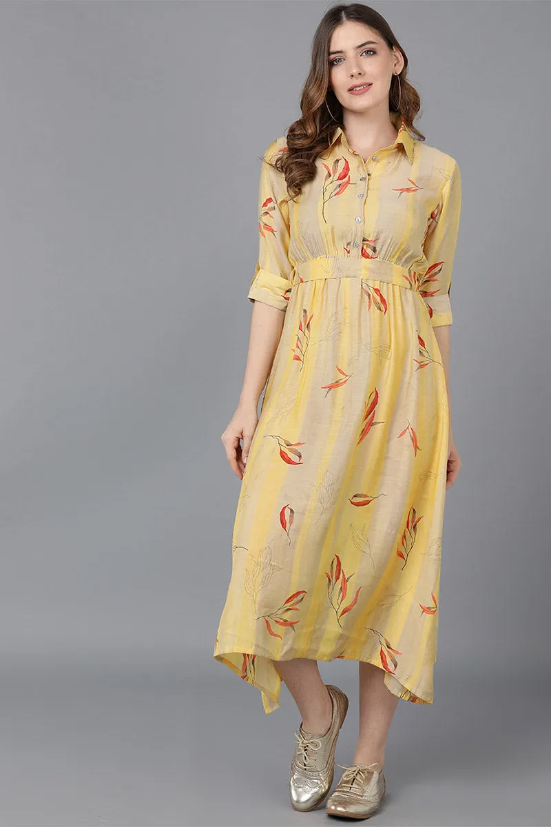 Yellow Crepe Floral Print Midi Dress