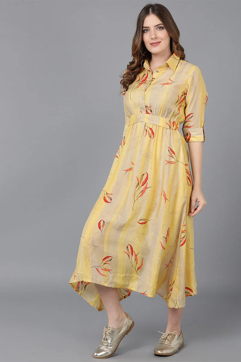 Yellow Crepe Floral Print Midi Dress