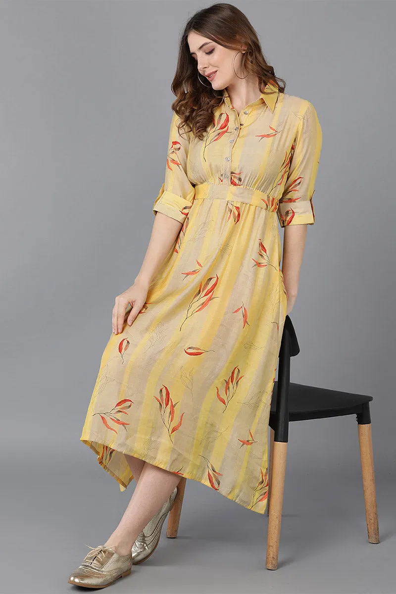 Yellow Crepe Floral Print Midi Dress