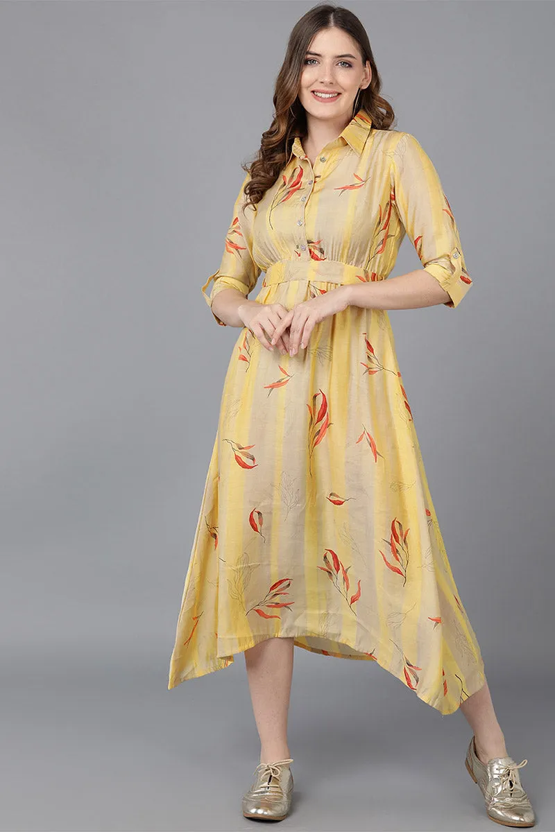 Yellow Crepe Floral Print Midi Dress