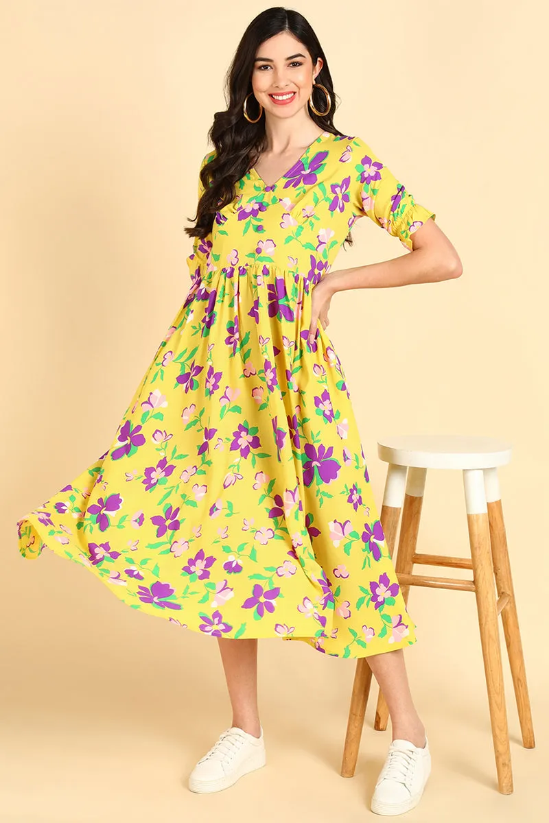 Yellow Georgette Floral Printed Maxi Dress