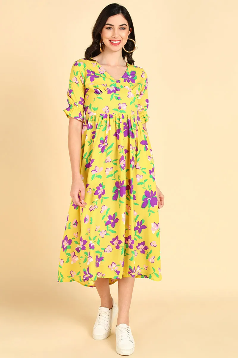 Yellow Georgette Floral Printed Maxi Dress