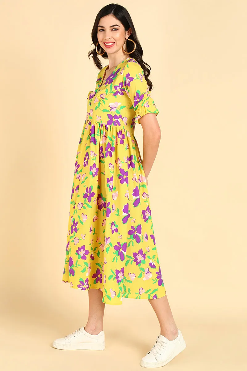 Yellow Georgette Floral Printed Maxi Dress