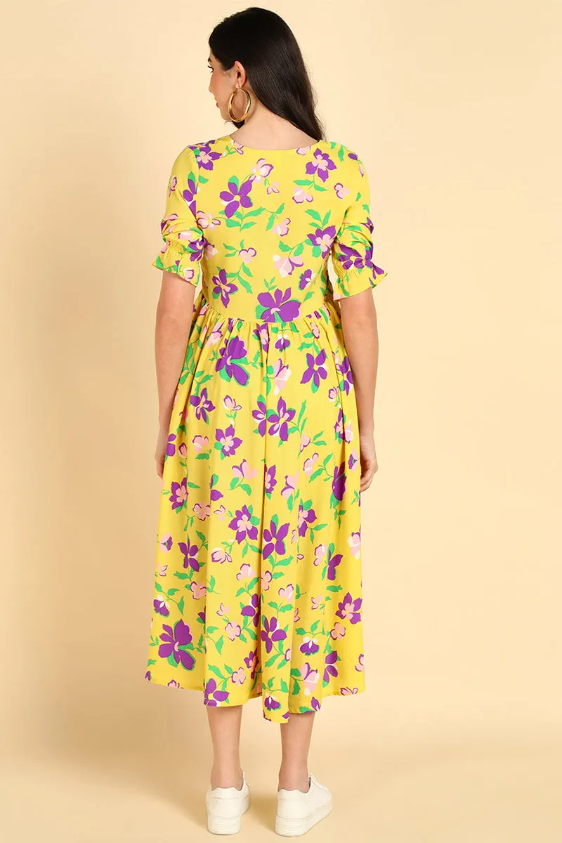 Yellow Georgette Floral Printed Maxi Dress