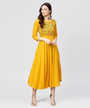 Yellow Round Neck Embroidered Full Sleeves Rayon Maxi Dress