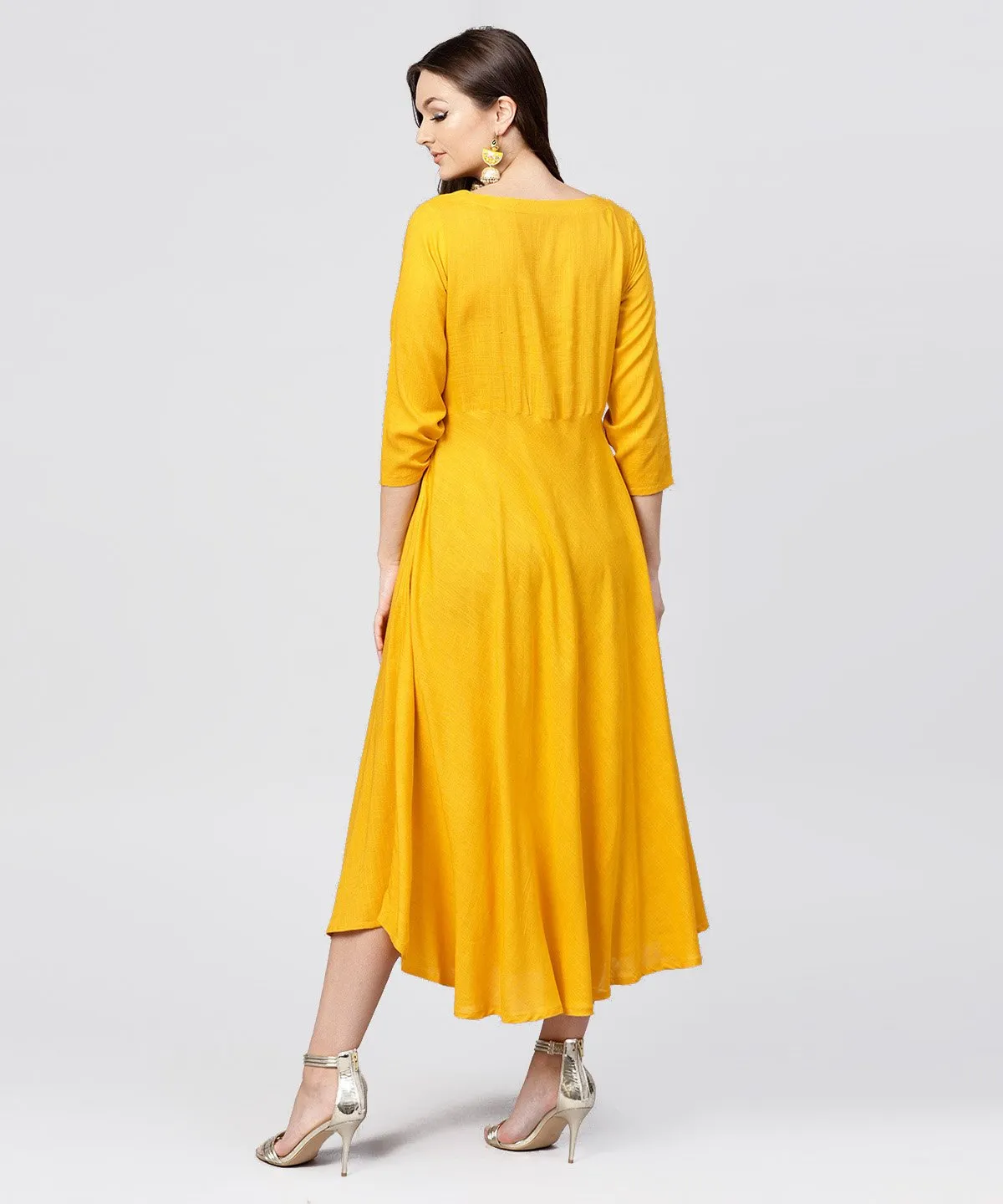 Yellow Round Neck Embroidered Full Sleeves Rayon Maxi Dress