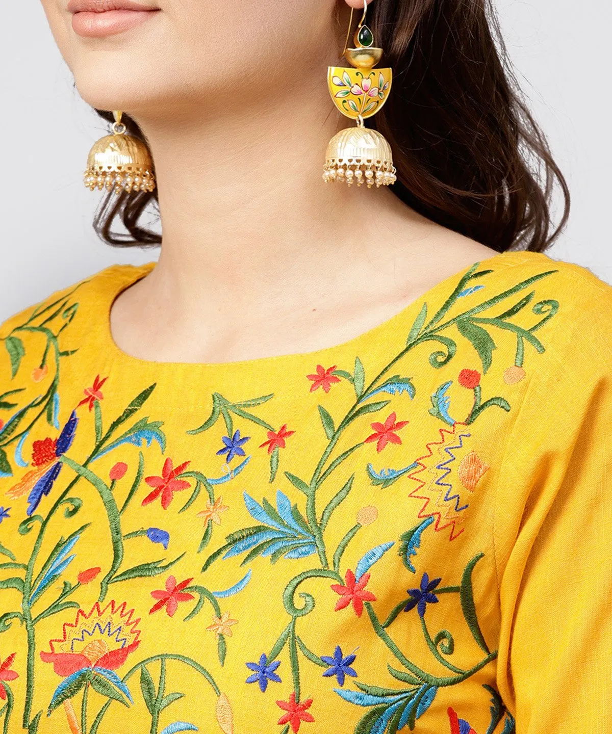 Yellow Round Neck Embroidered Full Sleeves Rayon Maxi Dress