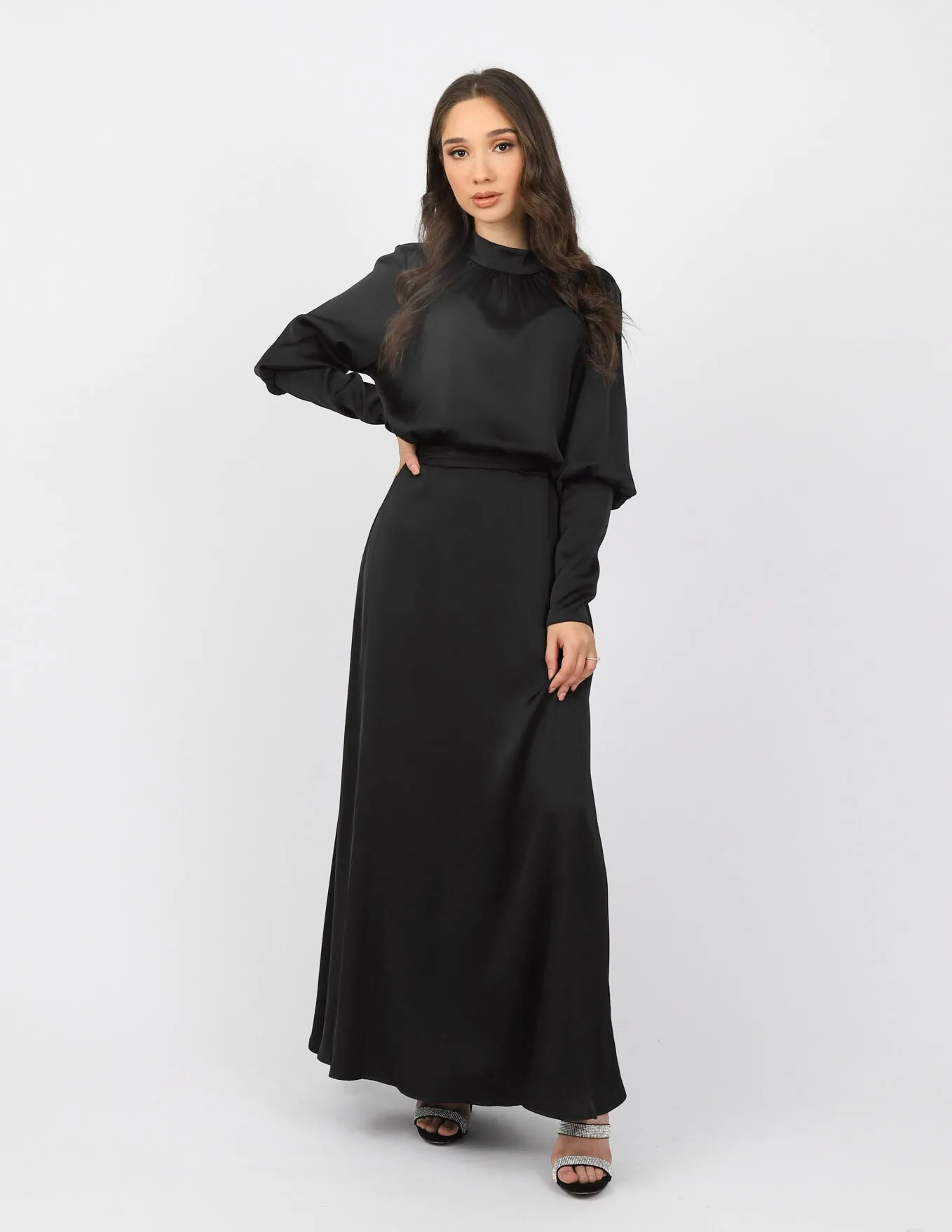 Zip Sleeve Satin Maxi Dress