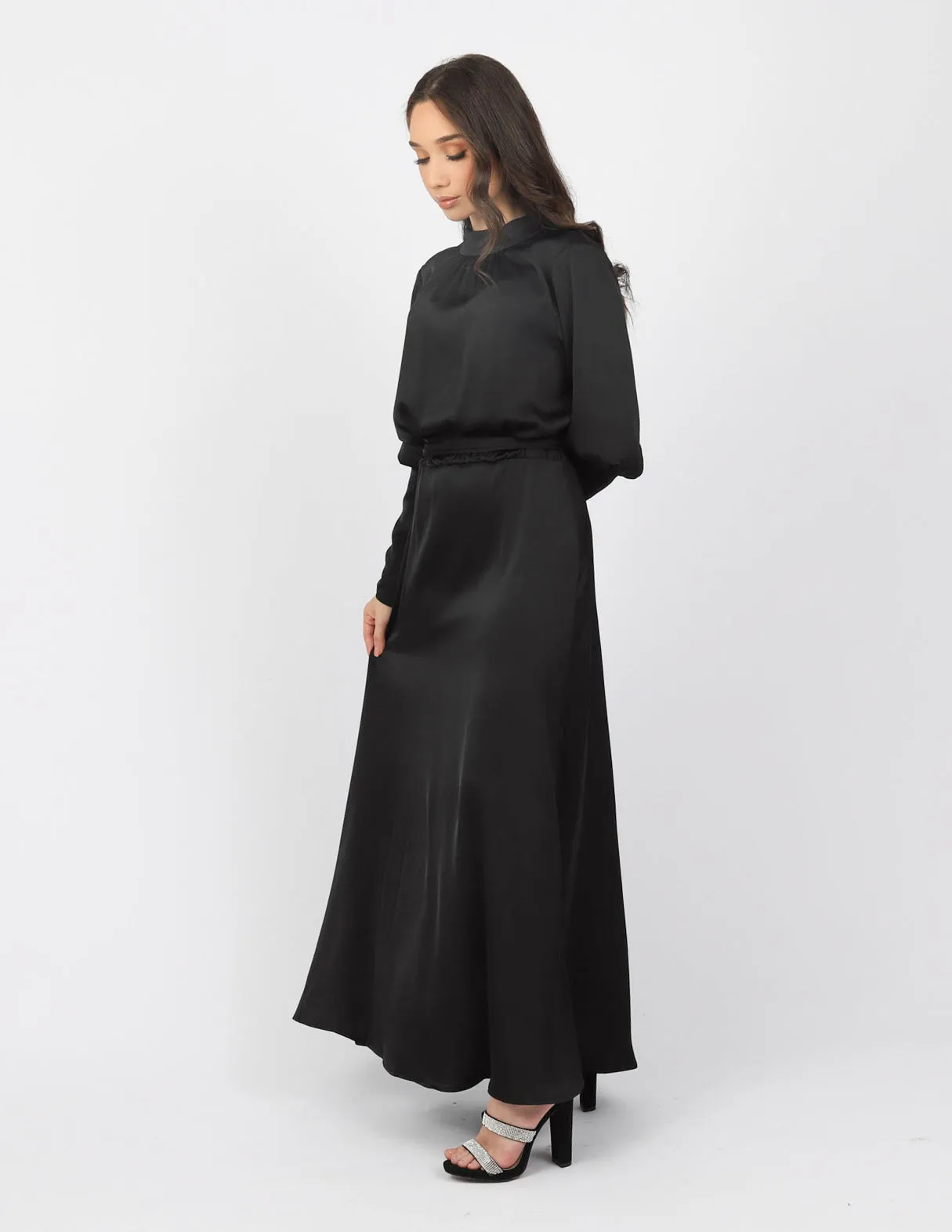 Zip Sleeve Satin Maxi Dress