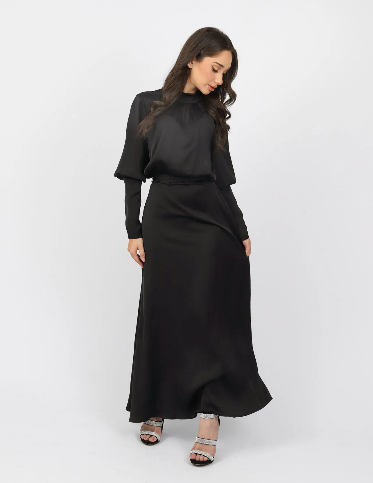 Zip Sleeve Satin Maxi Dress